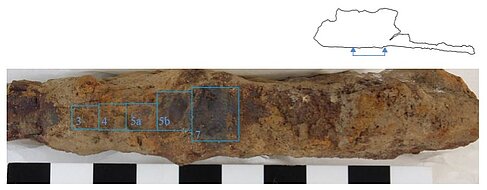 Flächen zur Erprobung der Freilegung am Eisenwerkzeug 1342a